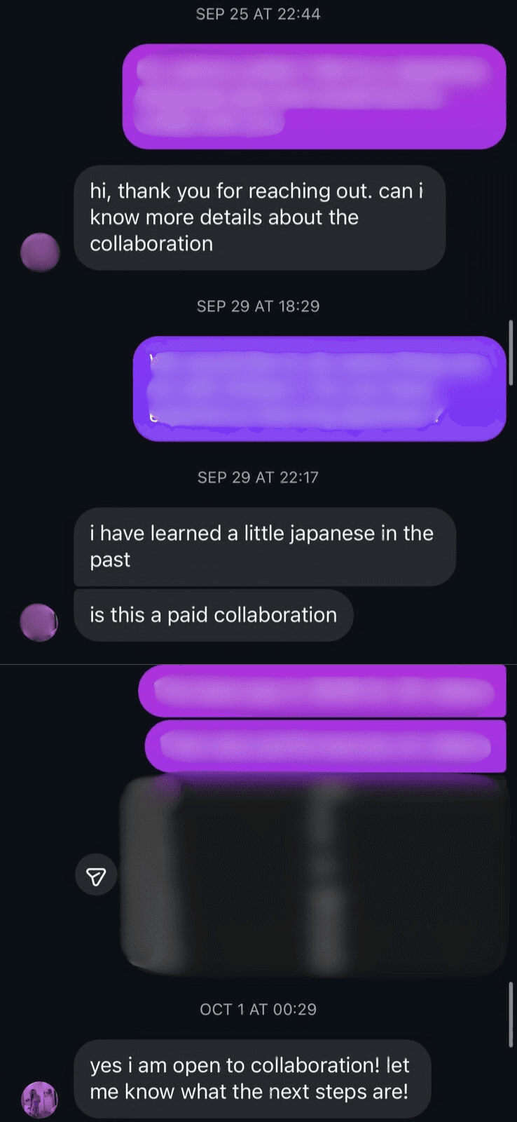 Conversation DM avec un influenceur acceptant une collaboration
